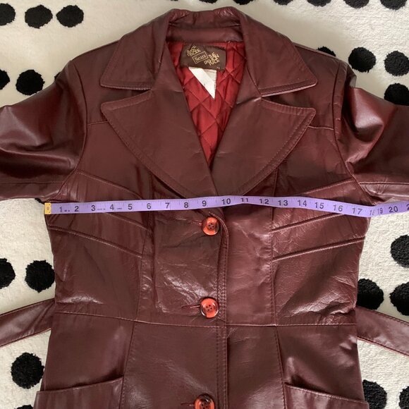 Vintage 70s Sears Burgundy Leather Quilt Lined Belted Blazer Jacket Trench Coat - Picture 12 of 16